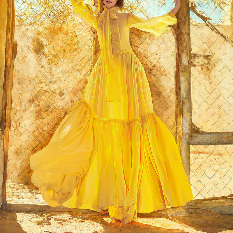 YELLOW SWING DRESS LONG SLEEVE CASUAL OCCASION