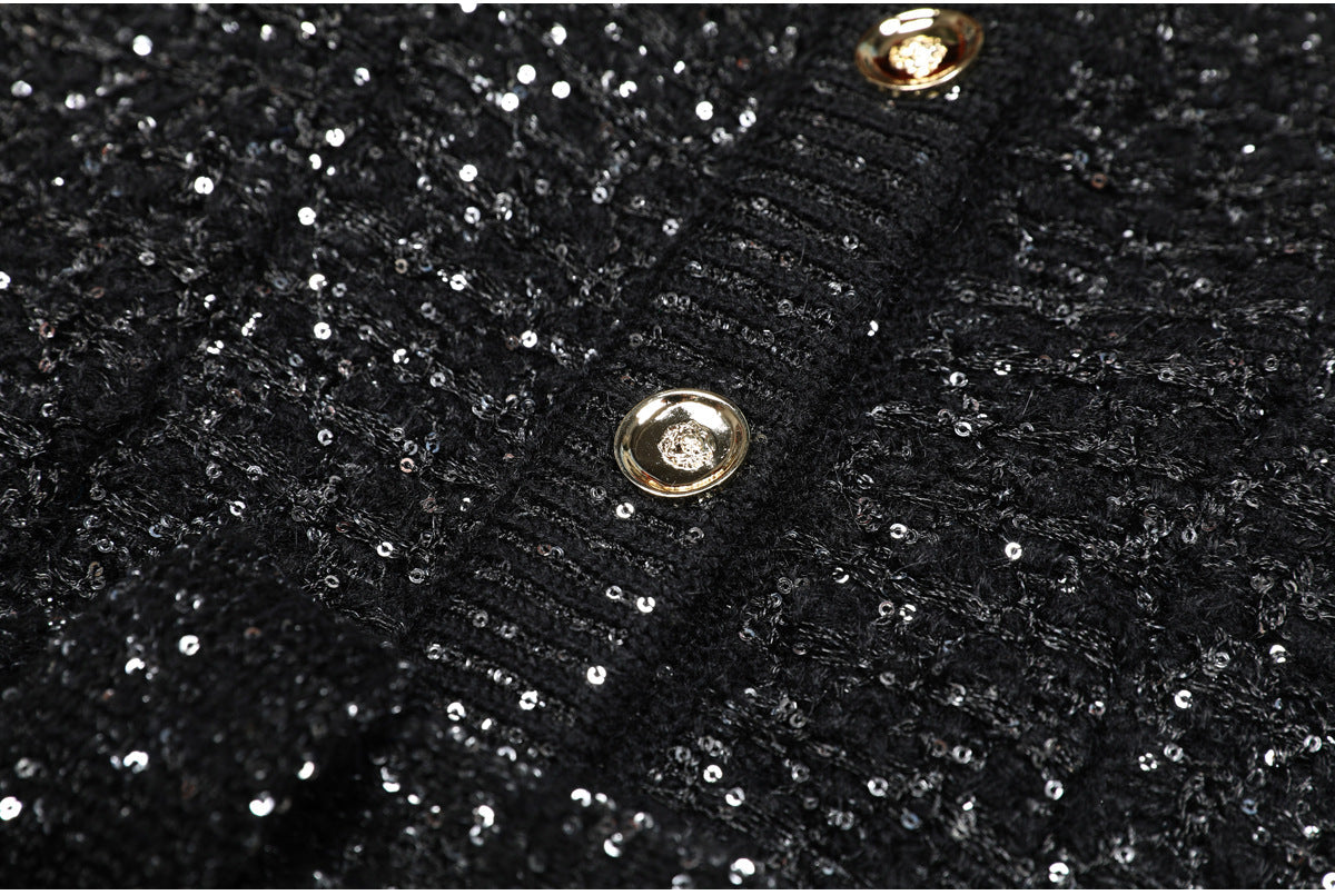 SEQUIN V-NECK CARDIGAN BLACK PARTY TOP