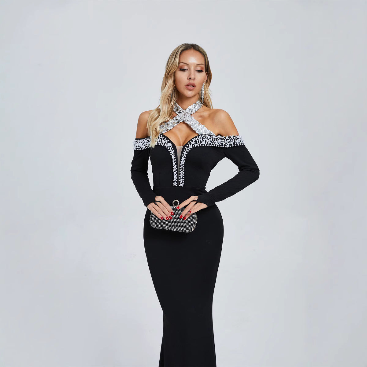 HALTER PEARL CRYSTAL GOWN, BLACK FORMAL