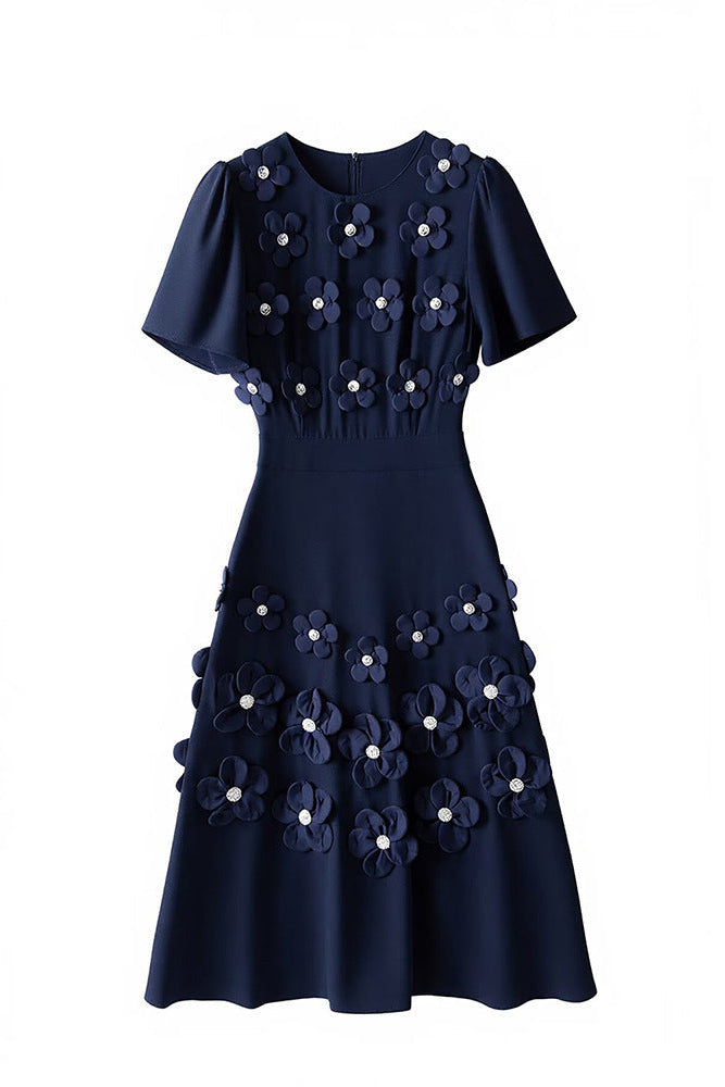 NAVY 3D FLOWER APPLIQUÉ MIDI DRESS FOR EVENTS