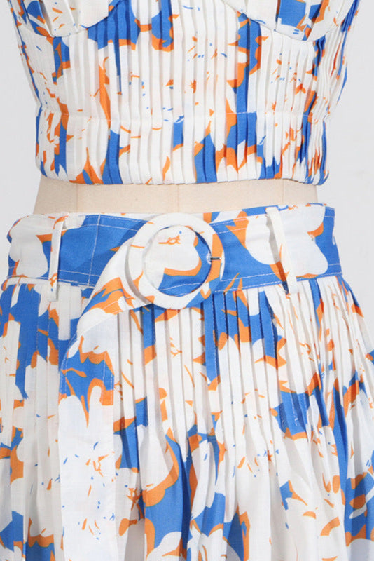 PLEATED FLORAL BUSTIER TOP & SKIRT SET, BLUE, BEACH