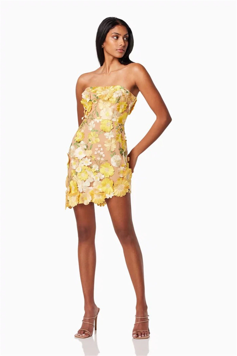 FLORAL STRAPLESS MINI DRESS YELLOW PARTY