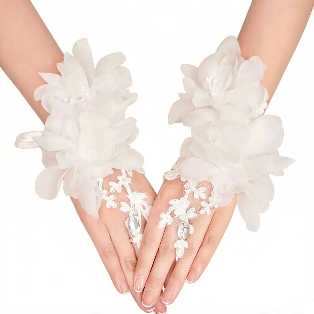 3D FLORAL PEARL LACE BRIDAL FINGERLESS GLOVES