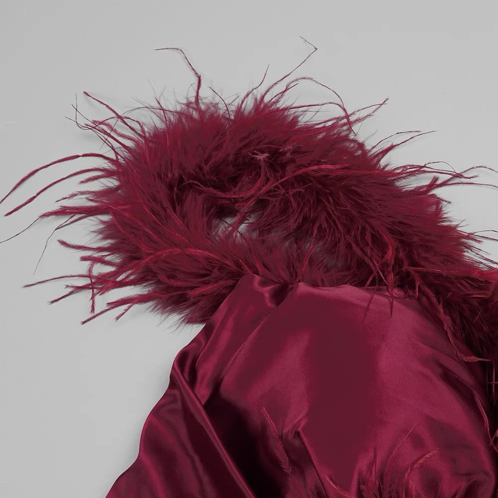 BURGUNDY FEATHER STRAPLESS MINI DRESS, PARTY