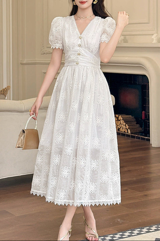 WHITE EYELET PUFF SLEEVE MIDI DRESS FOR SUMMER