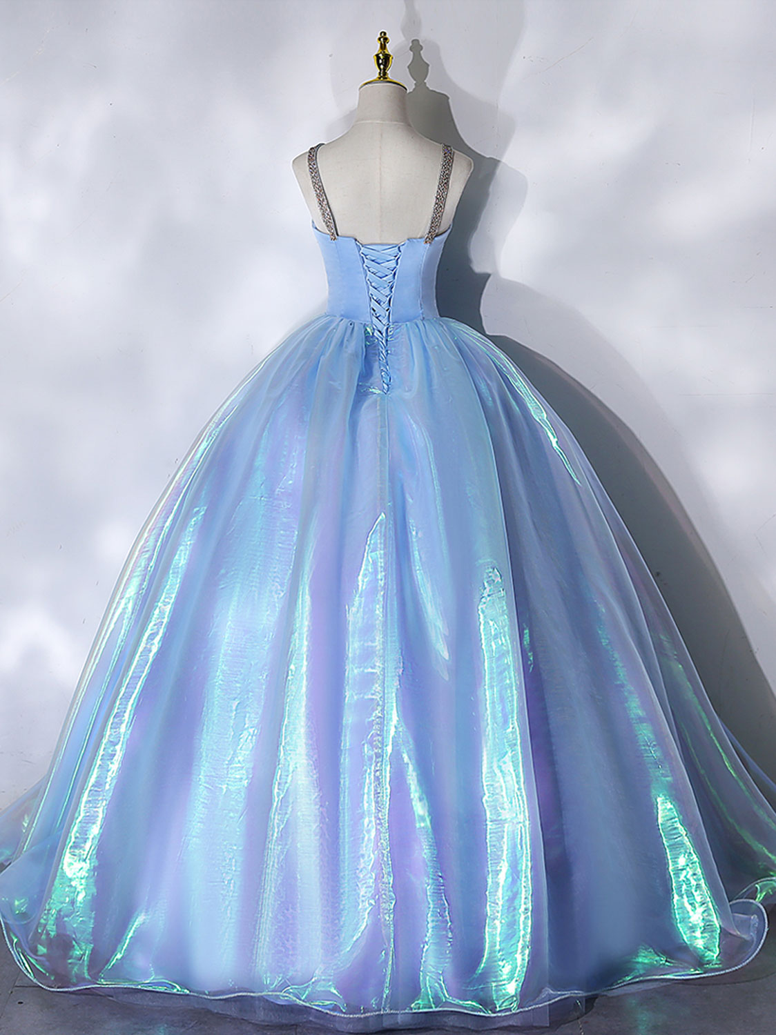 BALL GOWN V-NECK BLUE TULLE PROM DRESS