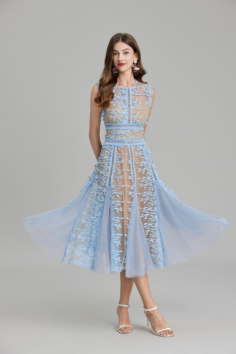 PHOENIX BLUE 3D LACE MIDI DRESS FOR EVENING