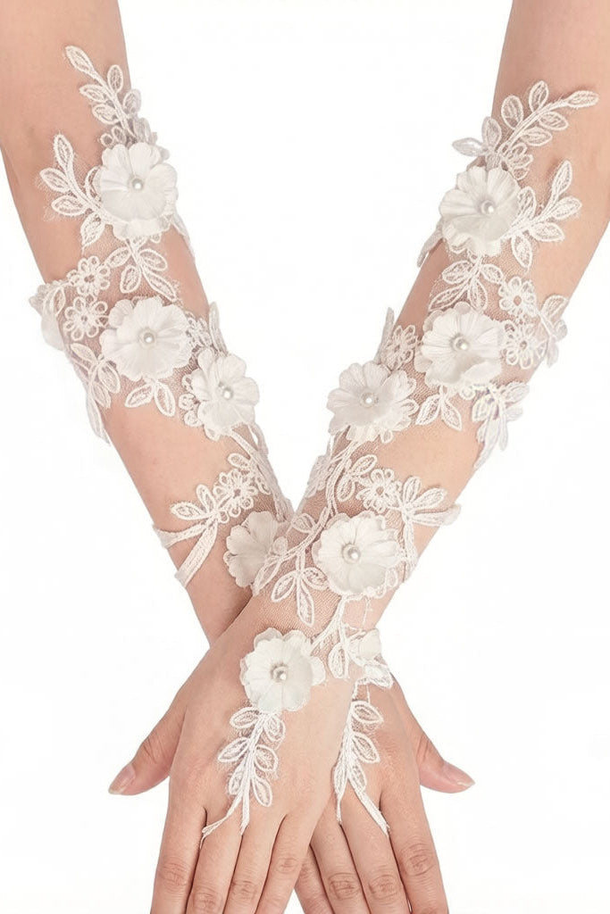 3D FLORAL PEARL LACE BRIDAL FINGERLESS GLOVES
