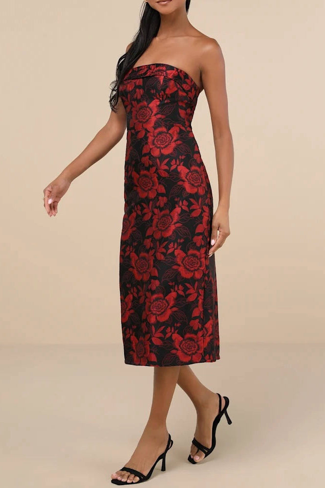 BURGUNDY VINTAGE FLORAL WRAP MIDI DRESS