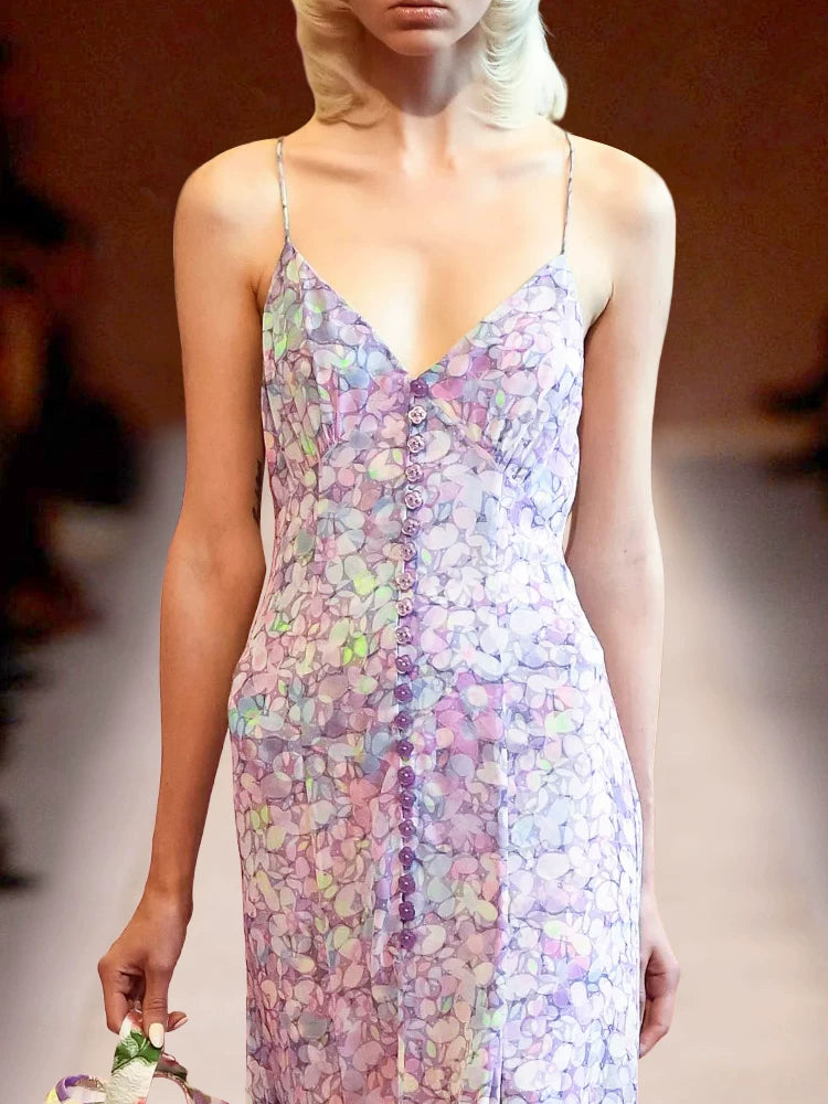 PINK FLORAL V-NECK RUFFLE MAXI DRESS