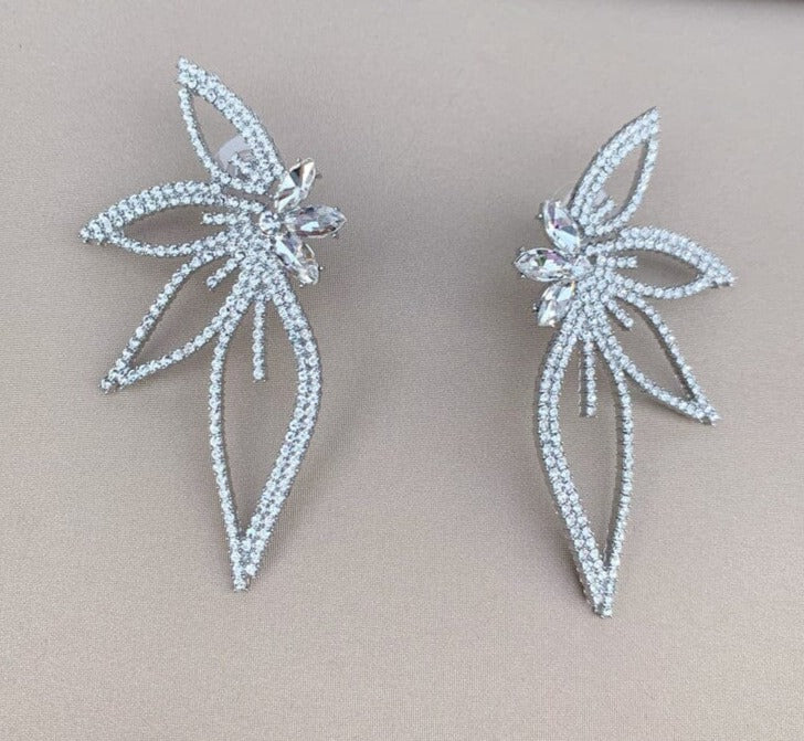 CRYSTAL FLOWER DANGLE EARRINGS SILVER WEDDING