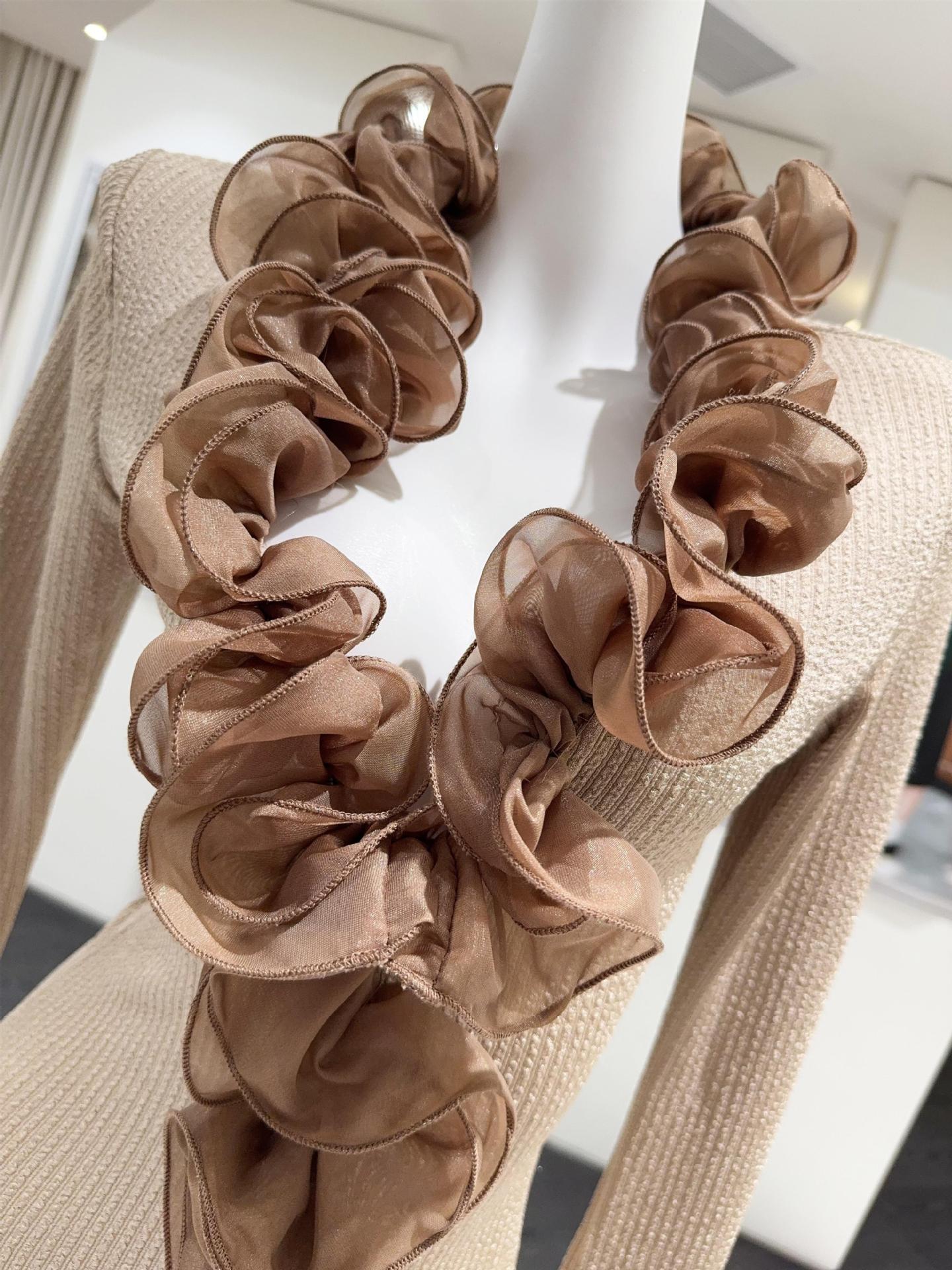 RACHEL CONTOUR RUFFLE KNIT MAXI DRESS, PALE BROWN