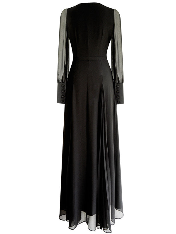 BLACK V-NECK MAXI DRESS, LONG SLEEVES, WEDDING GUEST