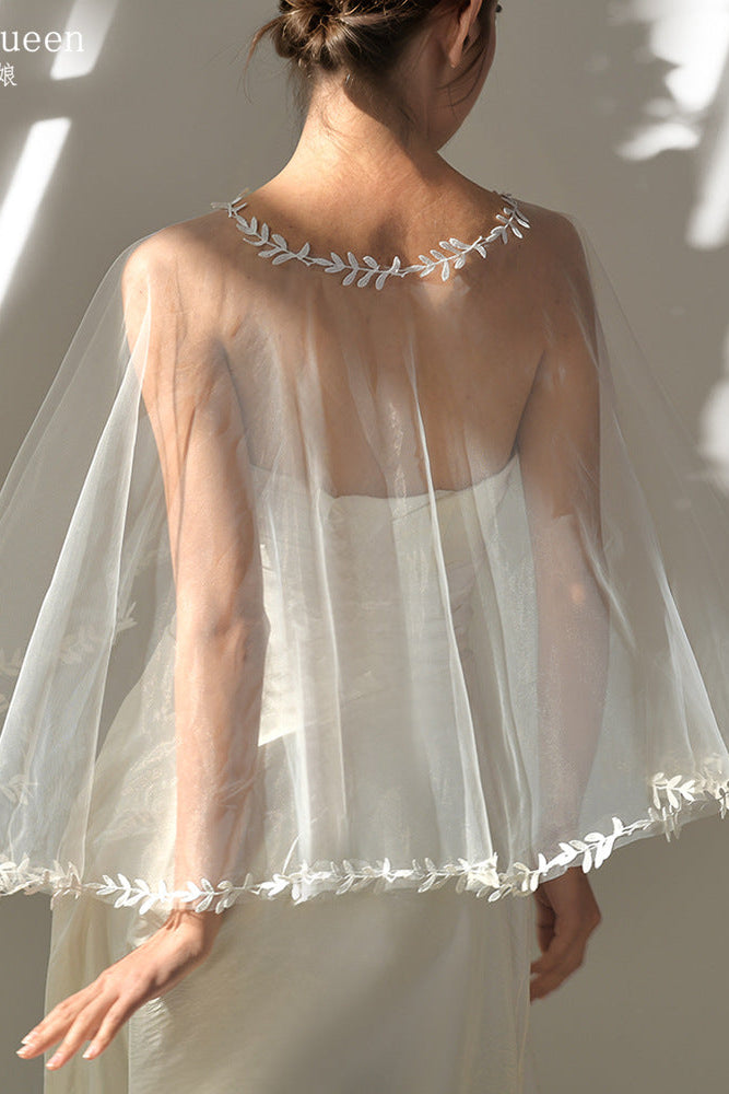 WHITE LEAF EMBROIDERY TULLE WEDDING CAPE SHRUG