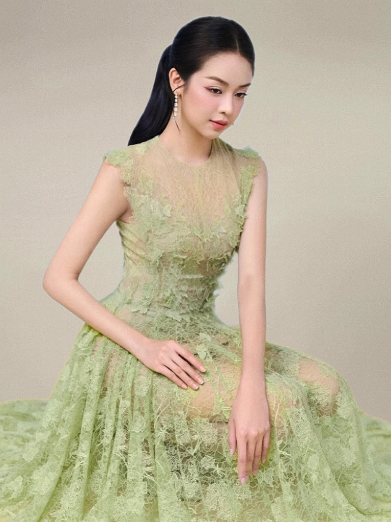 JENNIFER GREEN LACE FLOWER MAXI DRESS