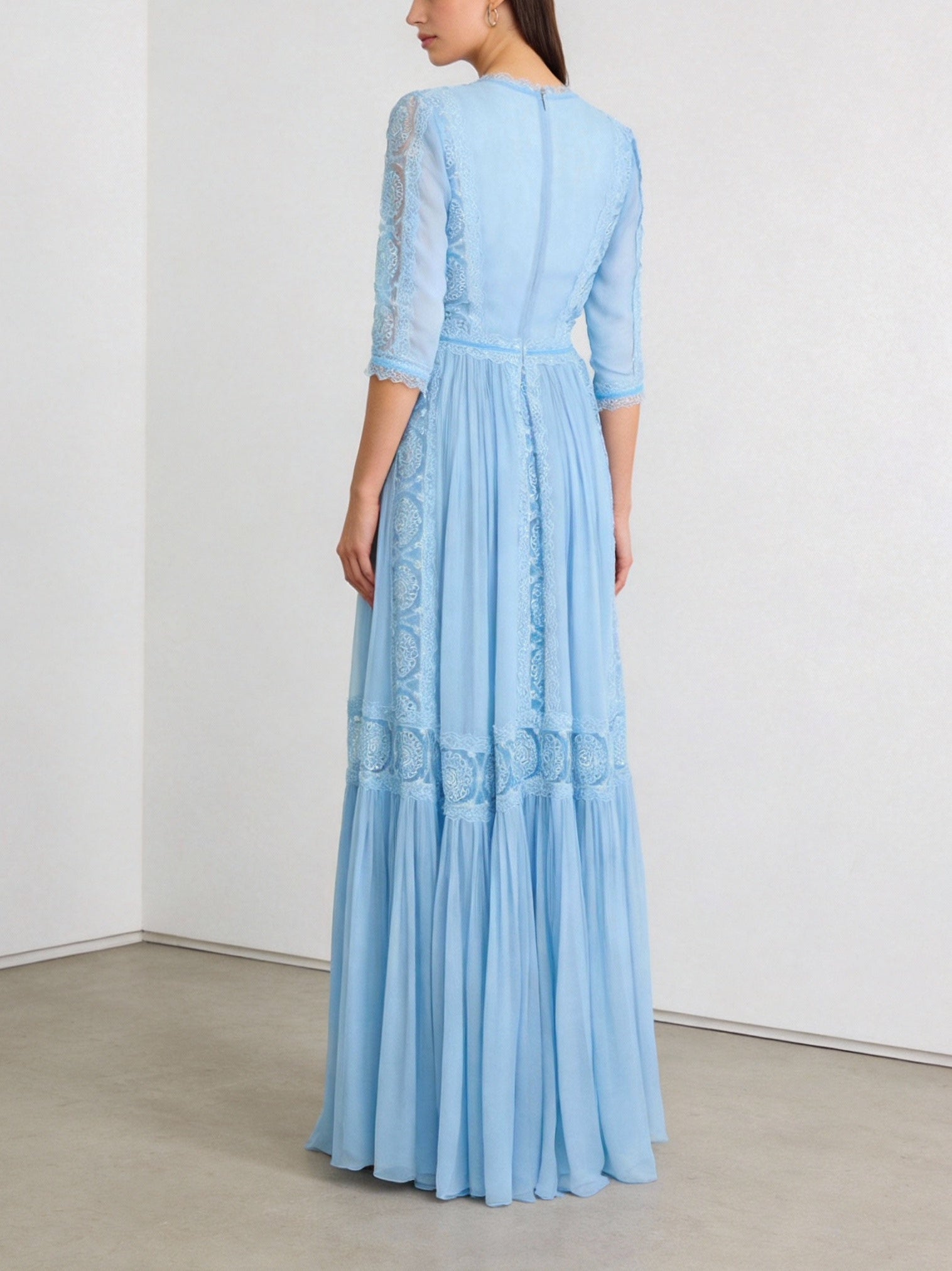 BLUE V-NECK LACE MAXI DRESS FOR WEDDING GUEST