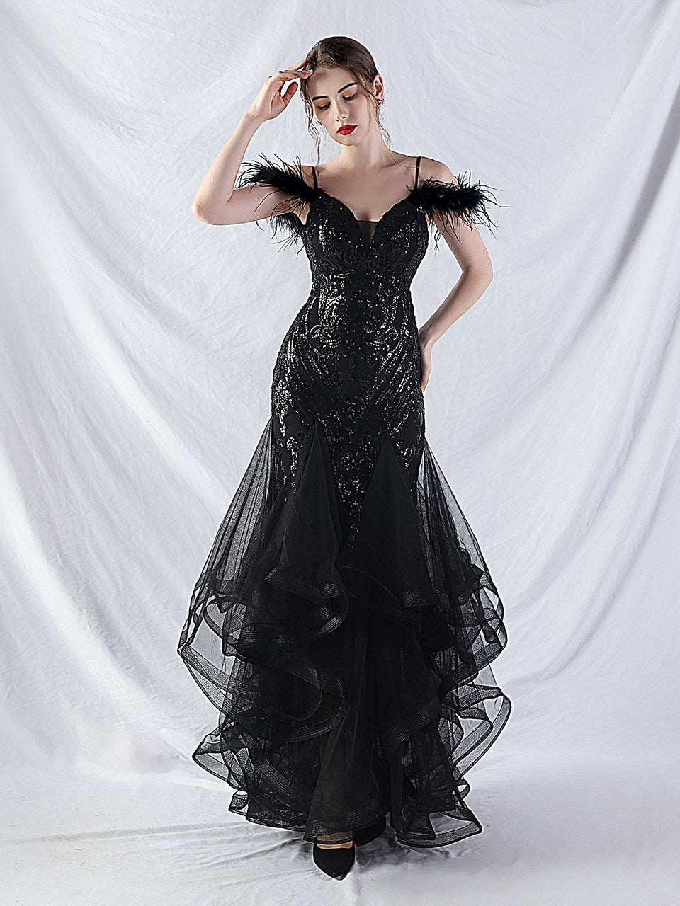 FEATHER SEQUIN STRAPLESS TULLE MAXI DRESS