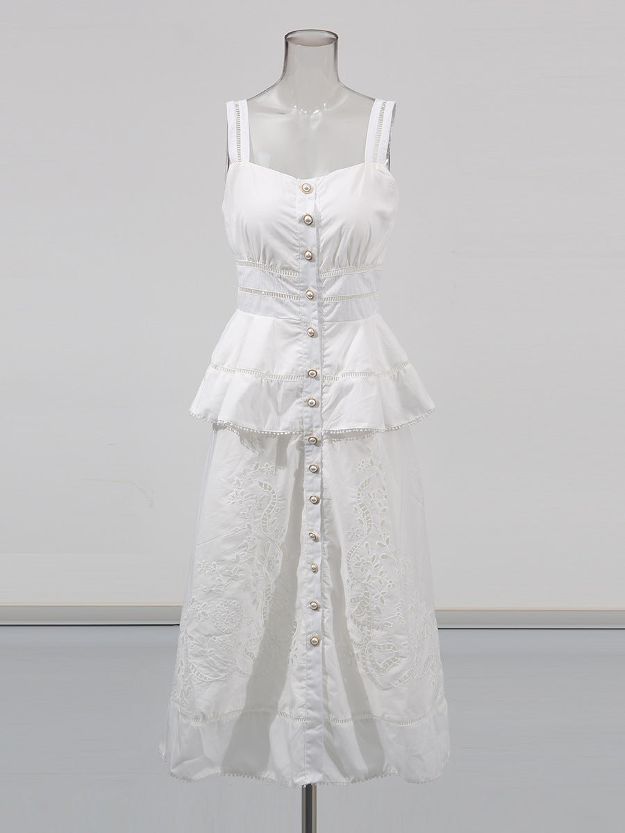 PEPLUM HOLLOW MIDI DRESS BEIGE WEDDING GUEST