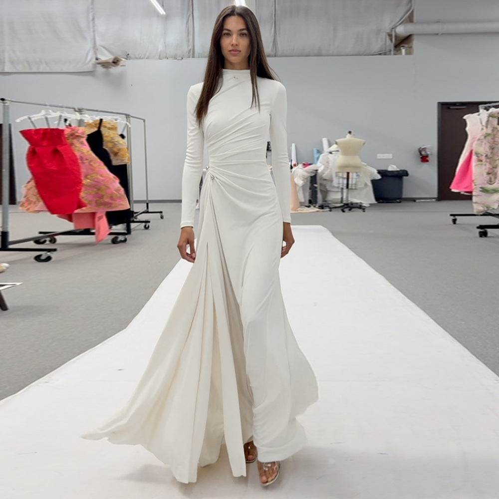 RITA METALLIC MAXI DRESS, LONG SLEEVE, HIGH SLIT, WHITE
