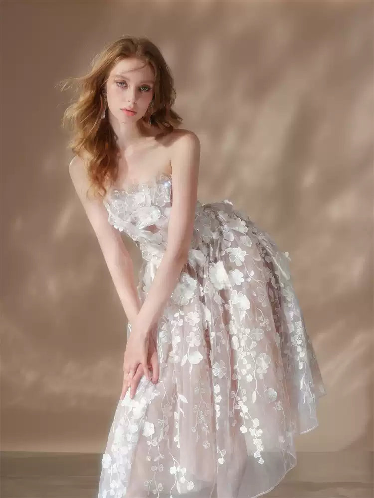 ANNA CRYSTAL FLORAL MIDI DRESS WHITE EMBROIDERY