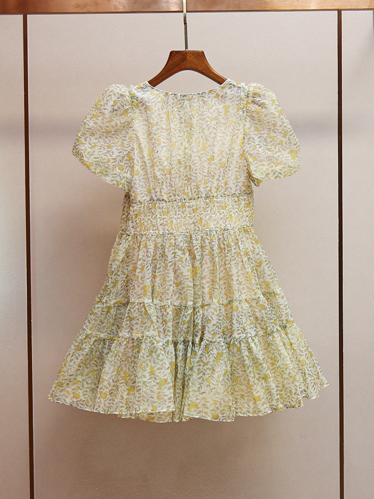 PRINTED V-NECK TUTU MINI DRESS DAISY YELLOW