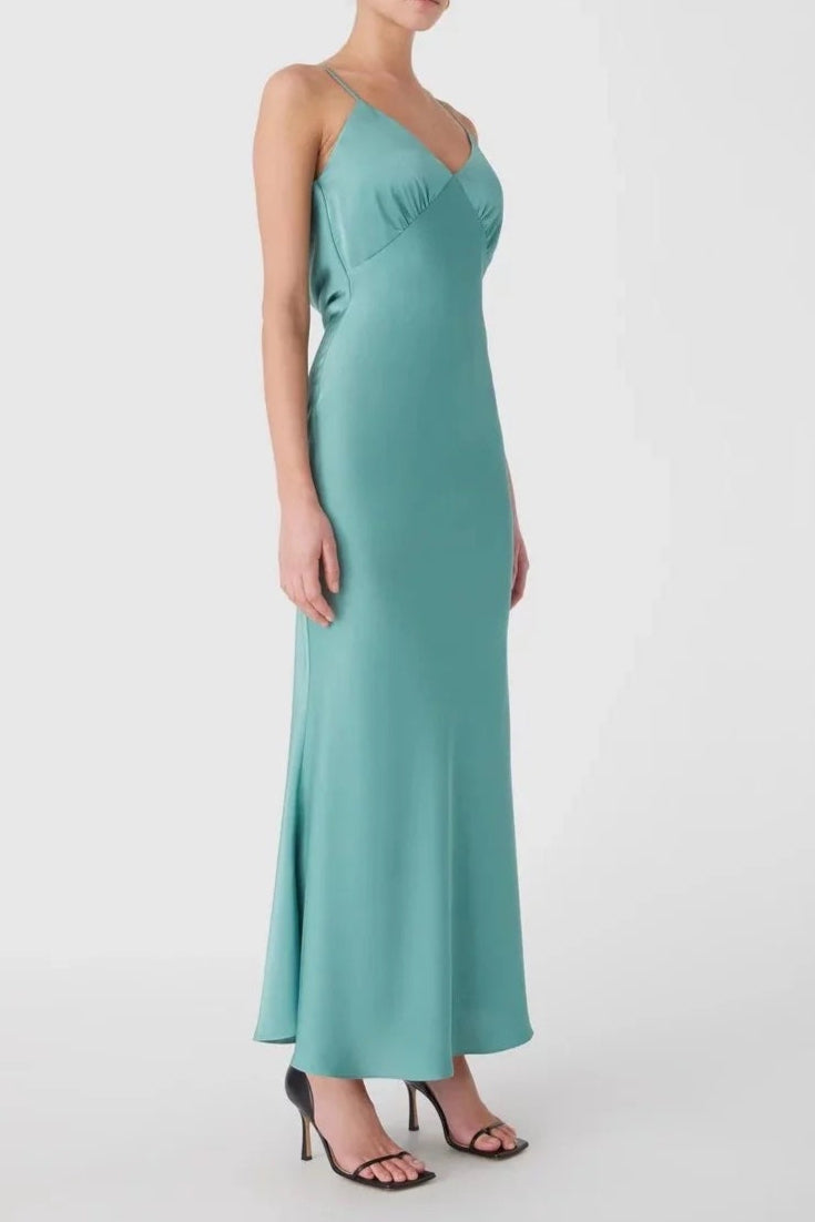VIDA SATIN MIDI DRESS IN JUNIPER GREEN