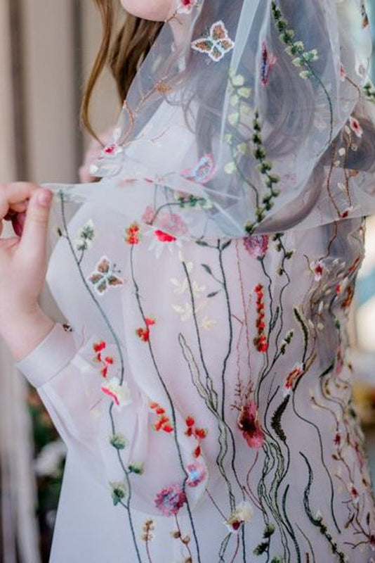 VINTAGE WHITE TULLE WILDFLOWER EMBROIDERY LONG BRIDAL VEIL