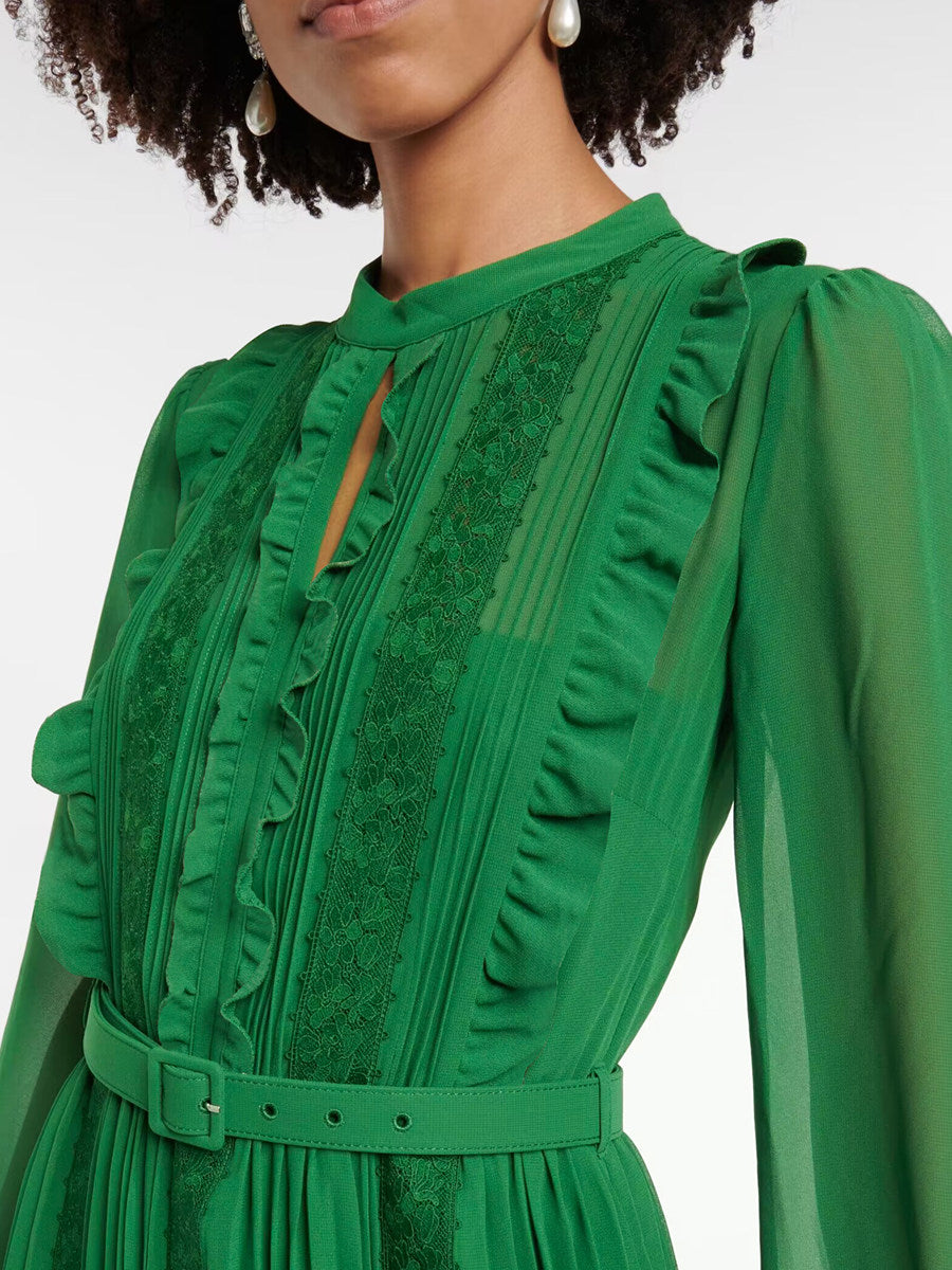 GREEN LACE SPLICE PLEATED MIDI DRESS FOR WEDDING