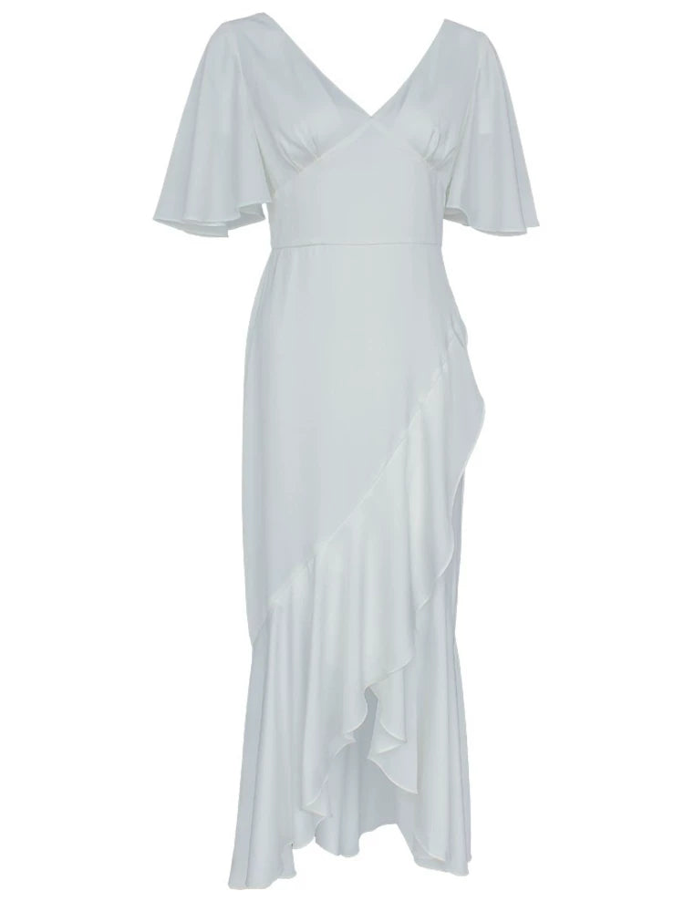 WHITE SATIN BACKLESS DRESS, FLARED SLEEVES V-NECK