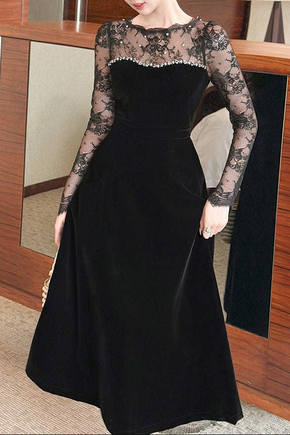 BLACK VELVET RHINESTONE MAXI DRESS WITH LACE SLEEVES