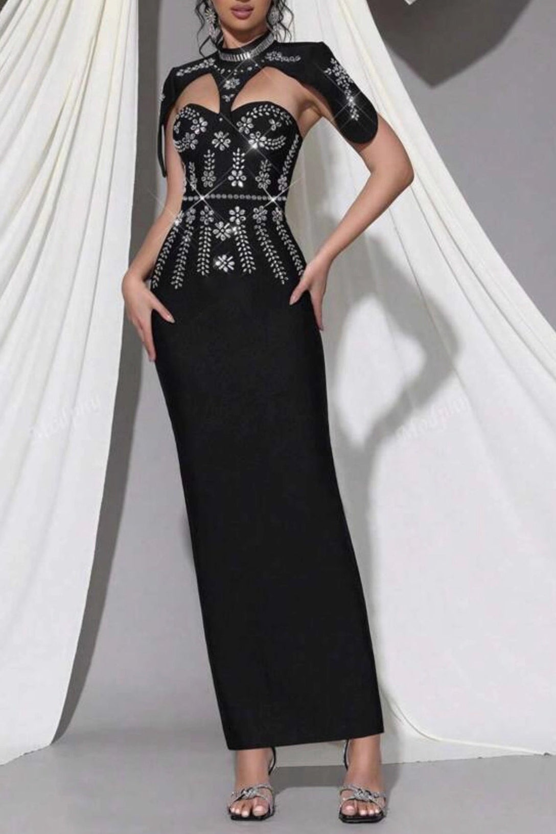 O1CN01TWz0jI1NAKgHGgBH1__2219660441529-0-cib SIBYL BLACK SHAWL BANDAGE MAXI DRESS