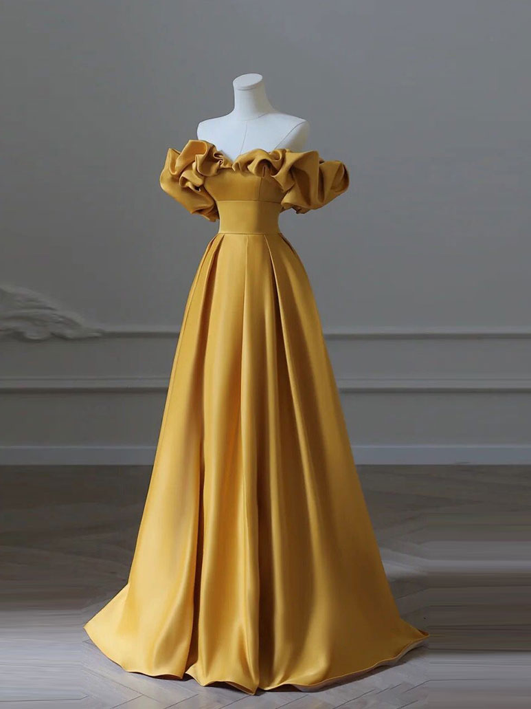 YELLOW A-LINE SATIN DRESS FOR WEDDING GUEST