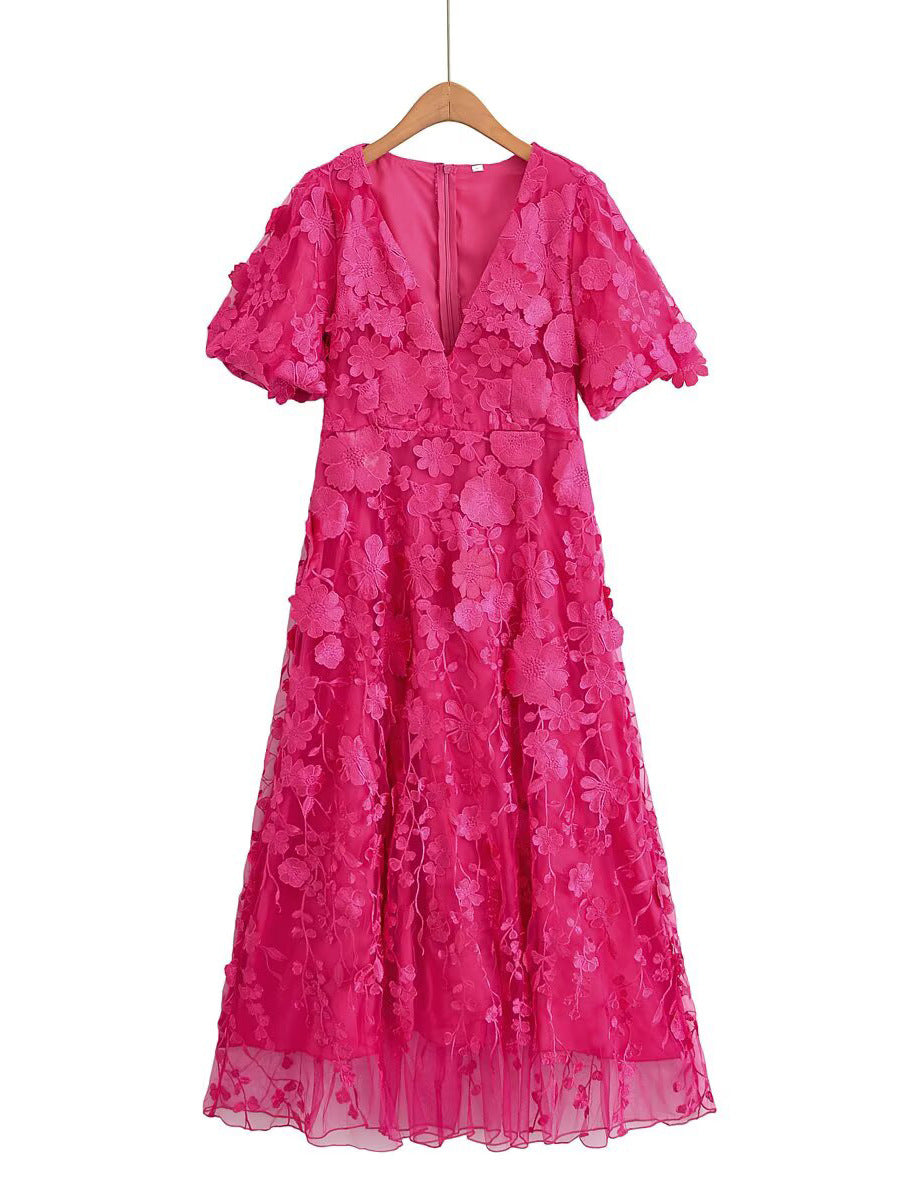 MODESTY PUFF SLEEVE V-NECK EMBROIDERY MIDI DRESS ROSE RED