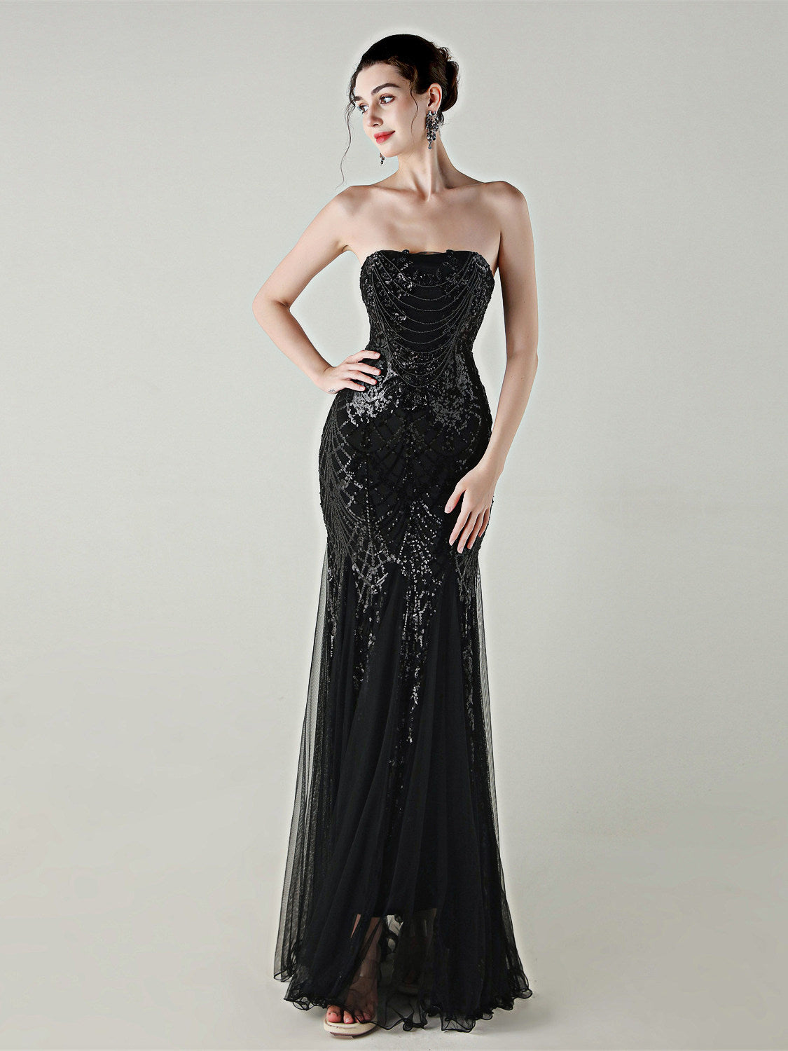 SEQUIN STRAPLESS TULLE MAXI DRESS FOR PARTY