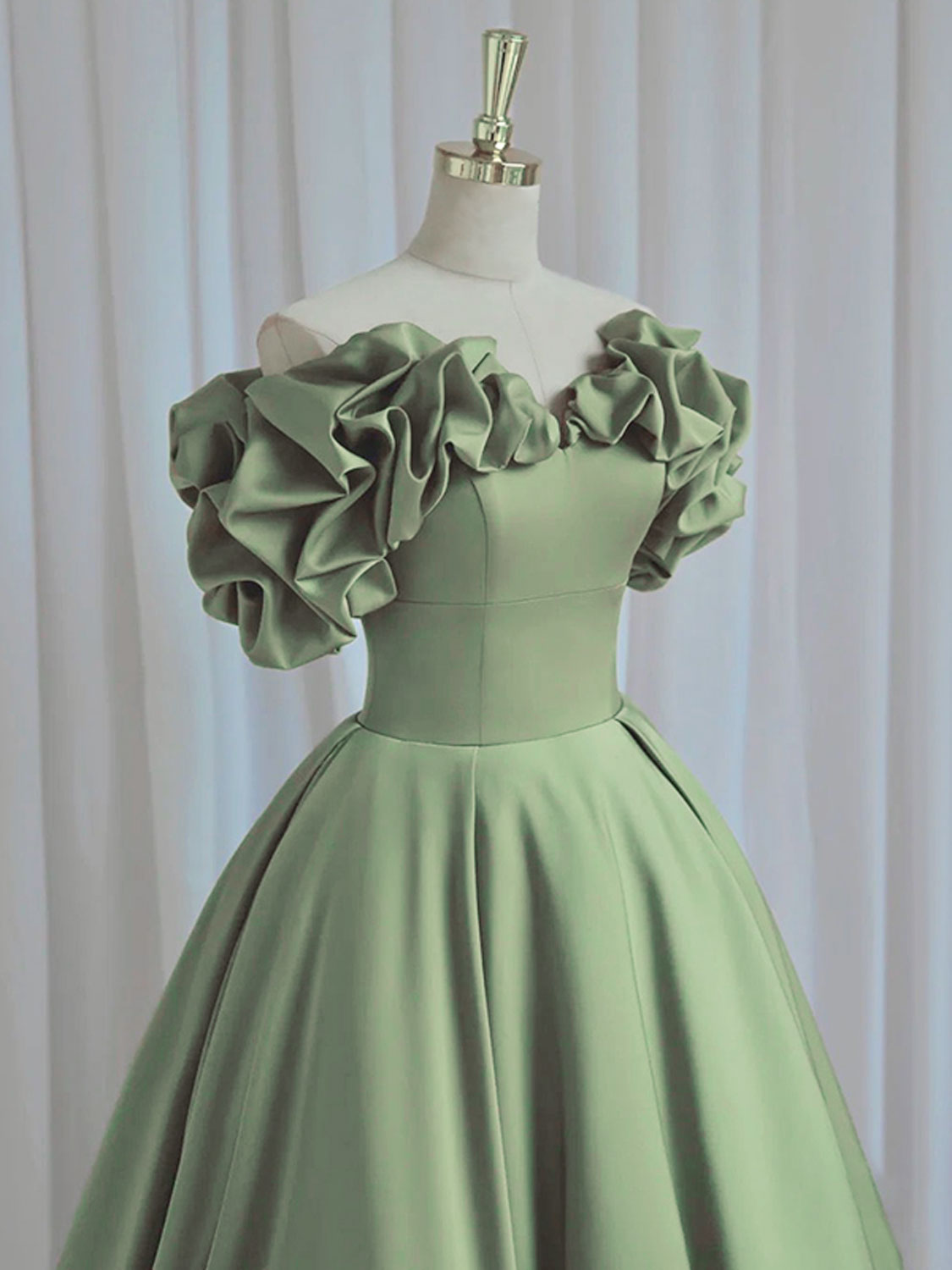 A-LINE OFF-SHOULDER SATIN GREEN DRESS FOR WEDDING GUEST