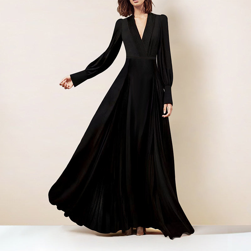 BLACK V-NECK MAXI DRESS, LONG SLEEVES, WEDDING GUEST