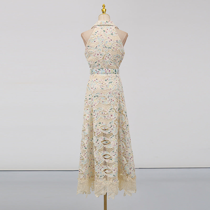 CHLOE SLEEVELESS LACE MAXI DRESS, BEIGE HOLLOW WEDDING GUEST