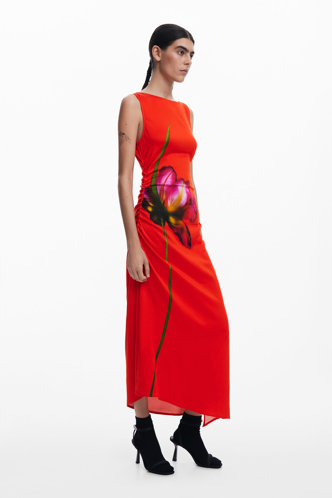 RED RUCHED MIDI DRESS, SLEEVELESS FLORAL FOR WEDDING