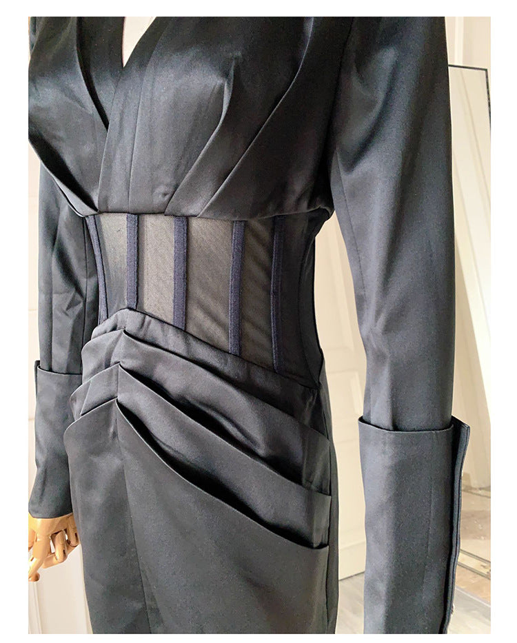 ALYSSA BLACK SEE-THROUGH FISHBONE BLAZER MINI DRESS