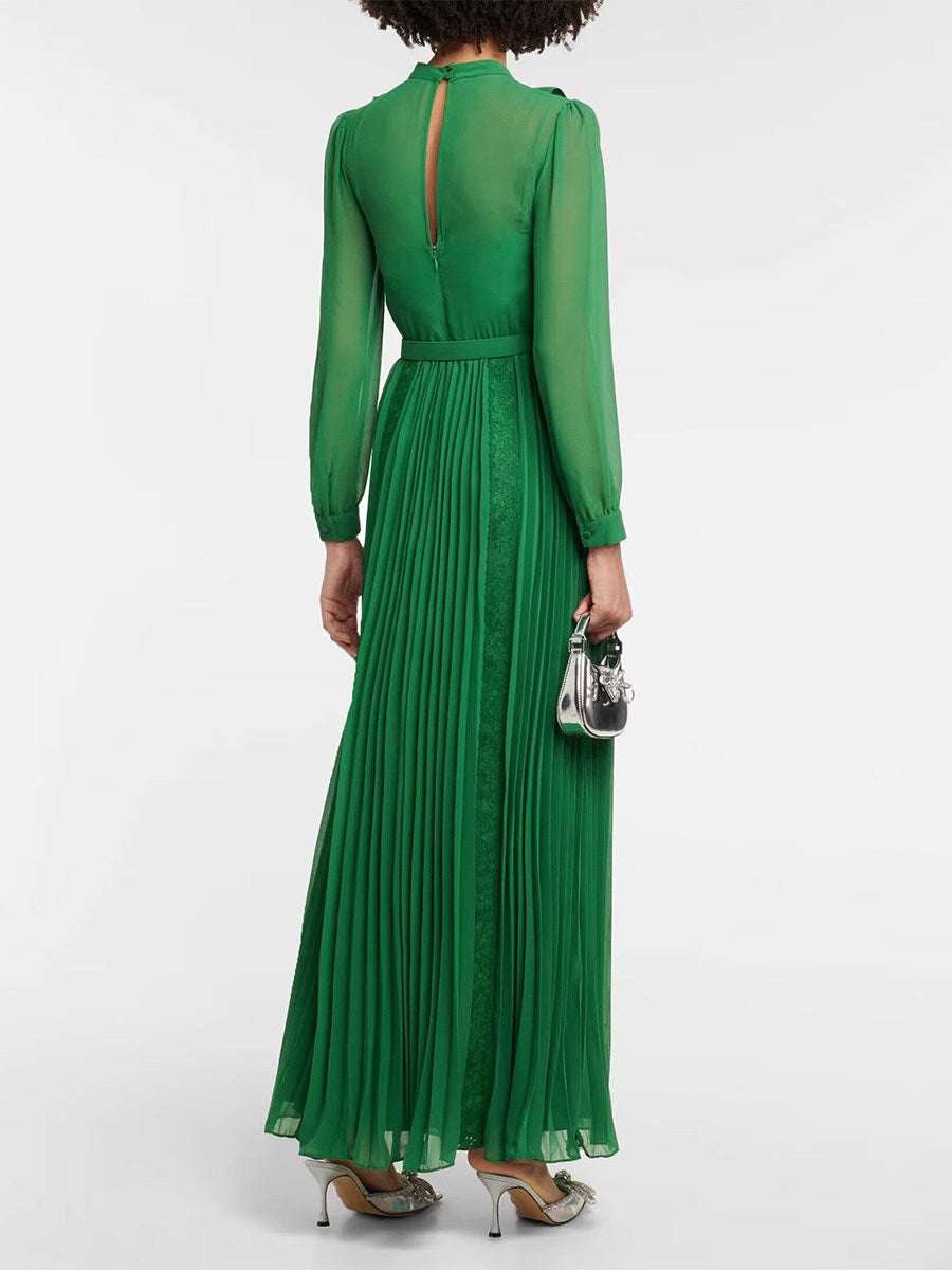 GREEN LACE SPLICE PLEATED MIDI DRESS FOR WEDDING