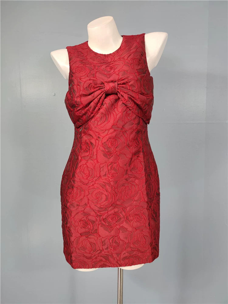 BURGUNDY BOW JACQUARD MINI PARTY DRESS