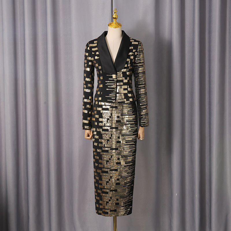 HIGH-WAISTED BLACK SKIRT SUIT, GOLD SEQUIN BLAZER