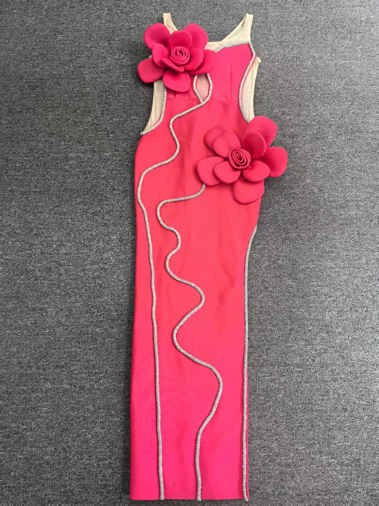DIAMOND 3D FLOWER SEQUIN BANDAGE MAXI DRESS ROSE RED