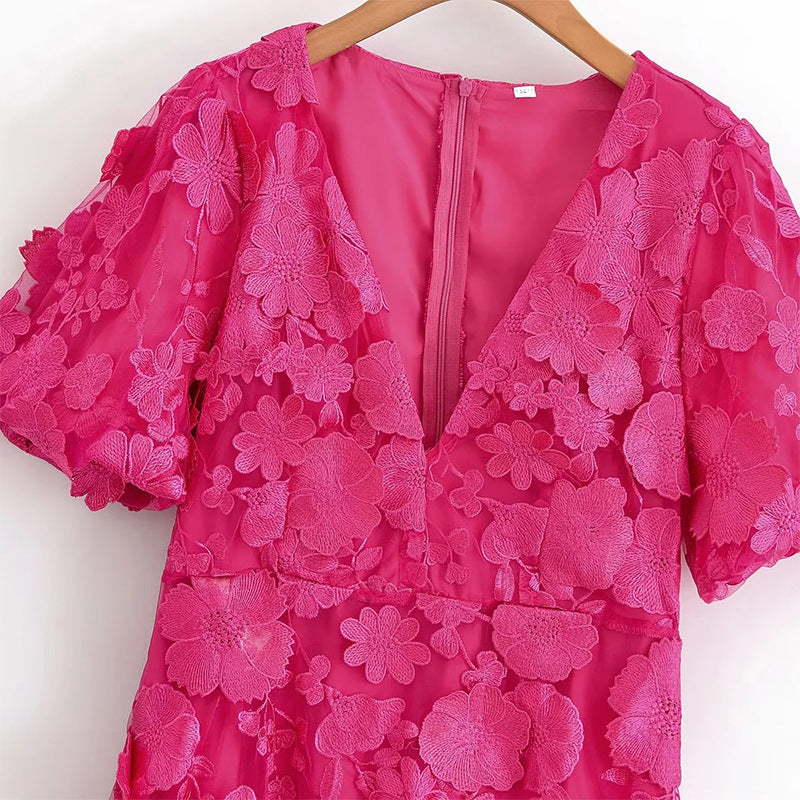 MODESTY PUFF SLEEVE V-NECK EMBROIDERY MIDI DRESS ROSE RED