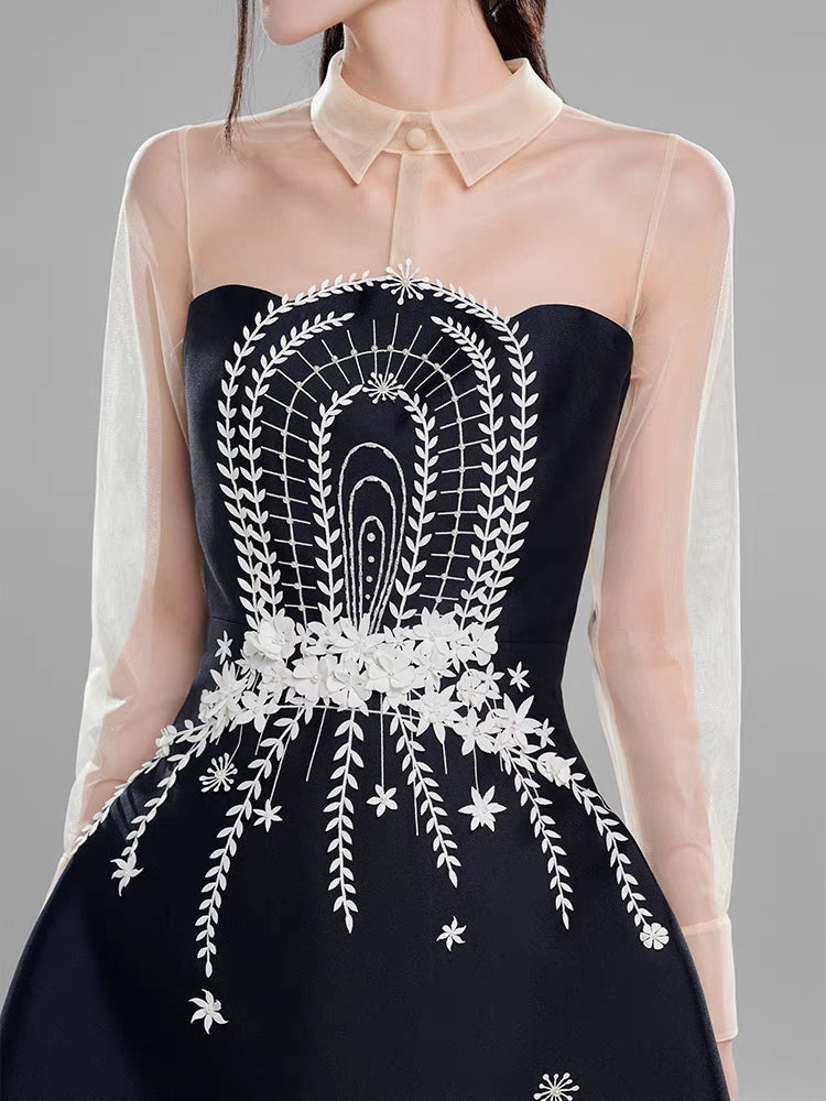 EMBROIDERED TULLE MINI DRESS, DARK BLUE, WEDDING GUEST