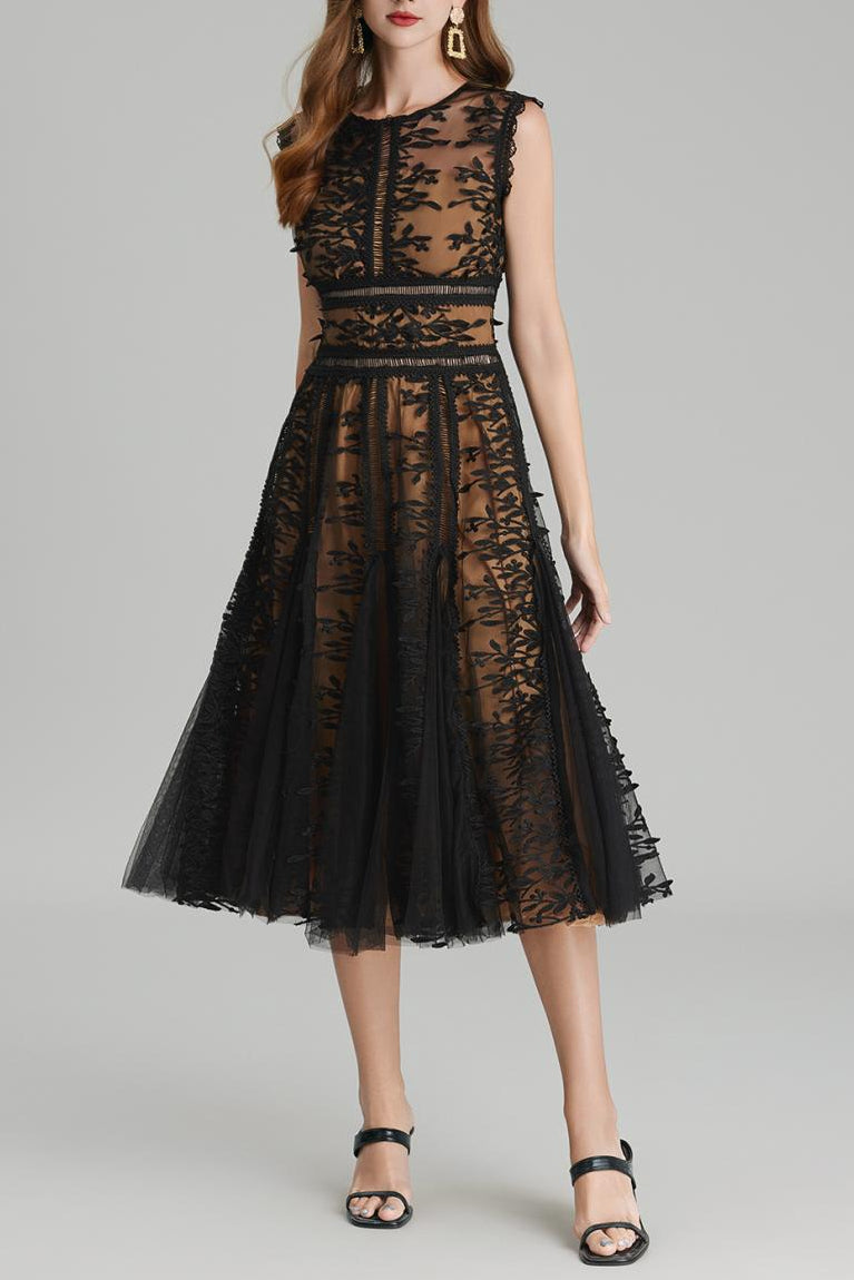 PHOENIX 3D LACE MIDI DRESS BLACK EMBROIDERED