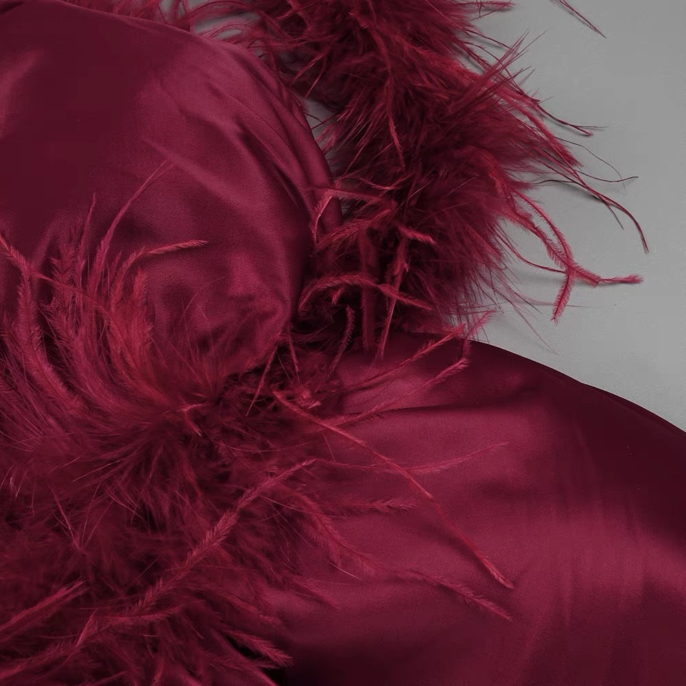 BURGUNDY FEATHER STRAPLESS MINI DRESS, PARTY