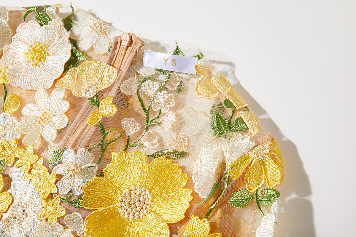 CAROL YELLOW FLORAL EMBROIDERY LONG SLEEVE MIDI DRESS