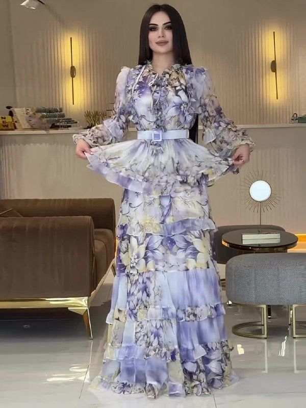 ALYSSA PURPLE FLORAL RUFFLE MAXI DRESS WITH BELT