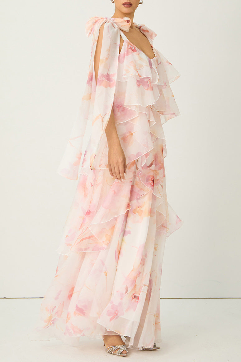 BEVERLY V-NECK STRAPLESS CHIFFON MAXI DRESS PINK